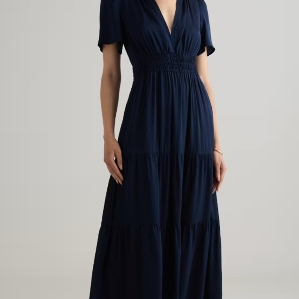 Quince Deep Navy Washable Silk Tiered Maxi Dress